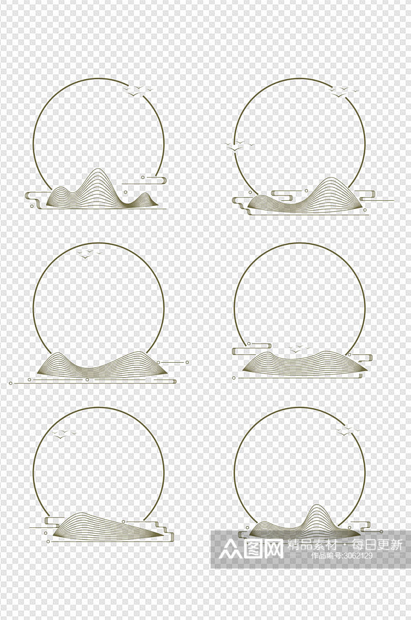 手绘山纹飞鸟中式装饰边框标题框免扣元素素材