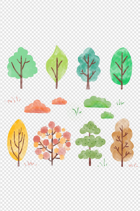 手绘卡通绿色橙色植物树木装饰图案免扣元素