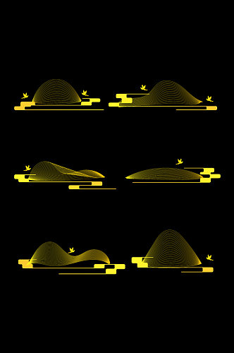 手绘金色山纹云纹飞鸟中式古典花纹免扣元素