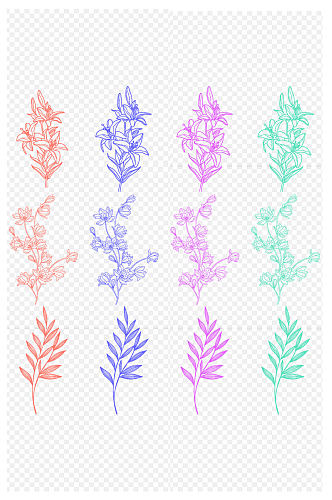红紫青蓝色手绘几何线条花朵免扣元素