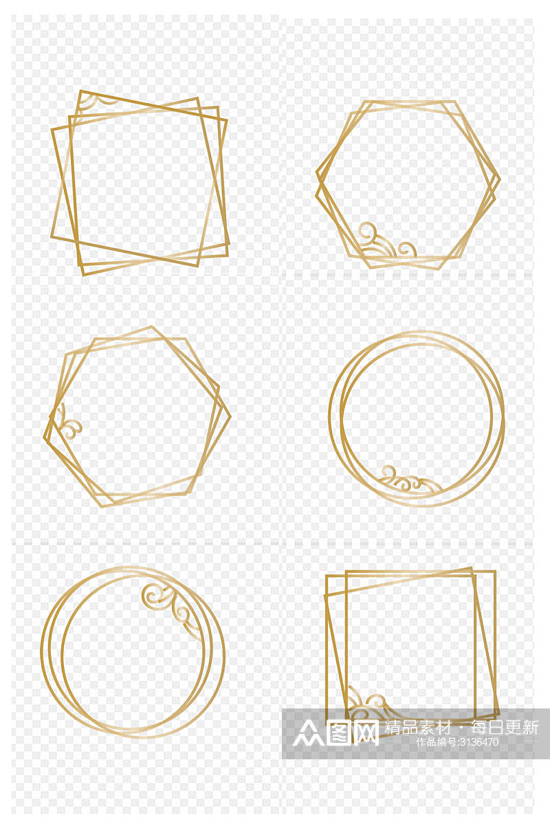 金色渐变线条手绘古典欧风装饰边框免扣元素素材