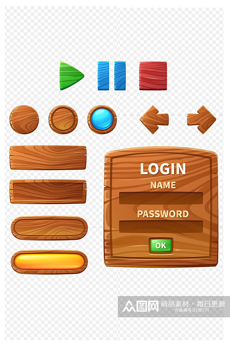 卡通游戏UI按钮木质按钮免扣元素素材