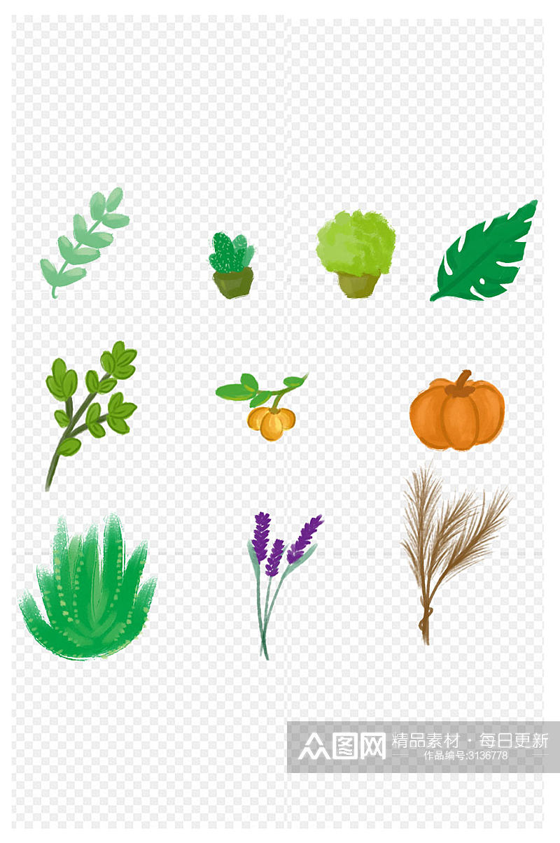 绿叶植物手绘插画图片免扣元素素材