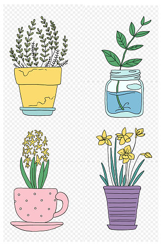 手绘卡通彩色花盆绿植盆栽花卉植物免扣元素