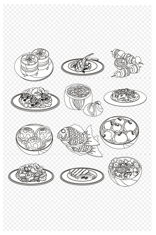 手绘素描中式餐饮西式料理装饰图案免扣元素