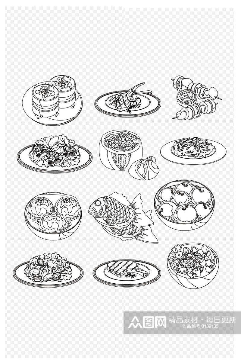 手绘素描中式餐饮西式料理装饰图案免扣元素素材