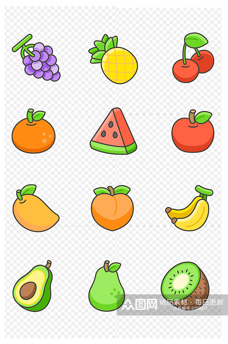 手绘西瓜香蕉葡萄卡通水果免扣元素素材