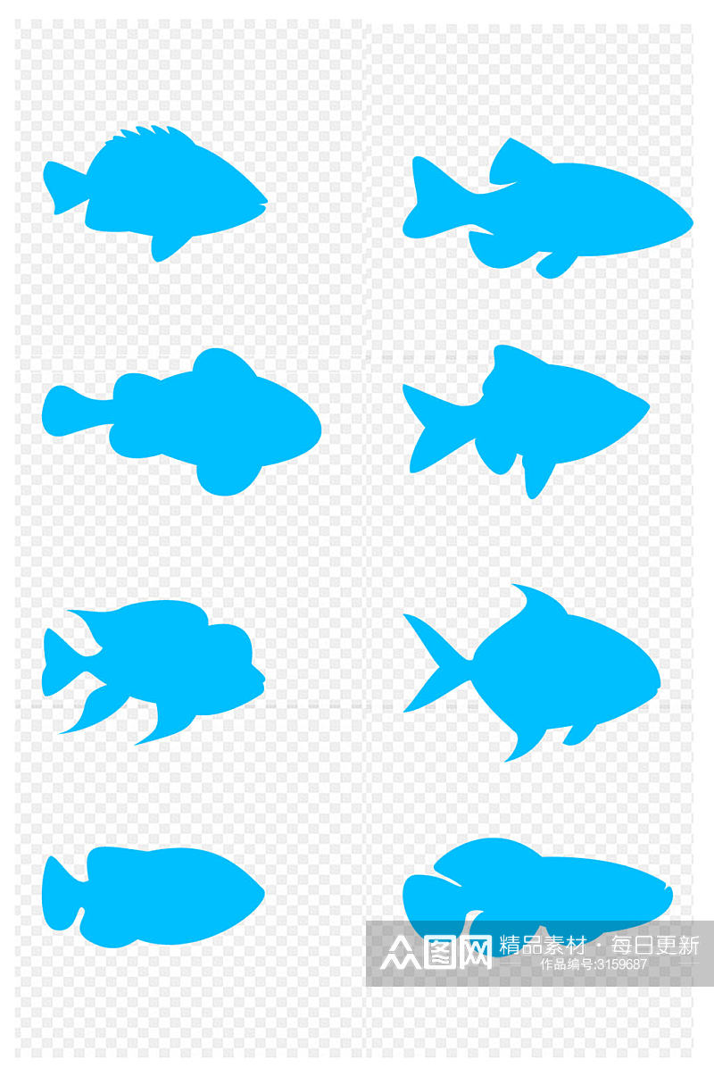 金鱼鲨鱼比目鱼淡水鱼剪影图标免扣元素素材