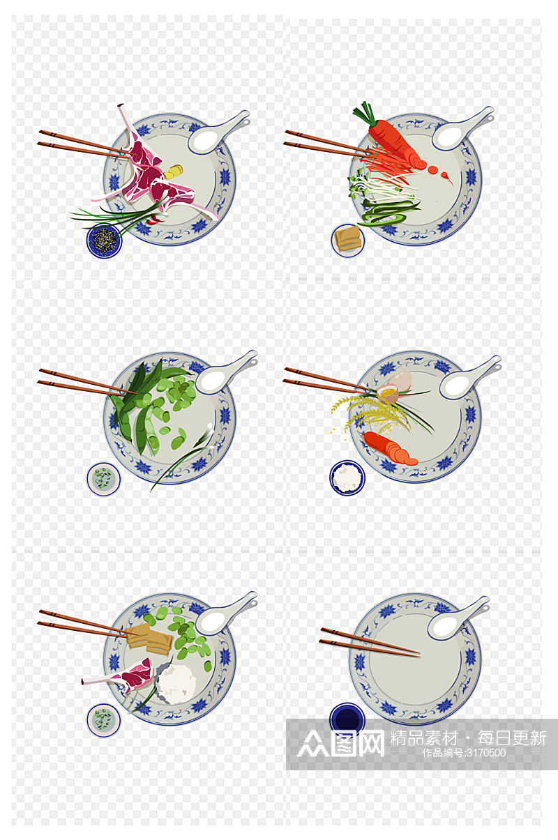 卡通手绘六盘小菜青花瓷碗筷碟免扣元素素材