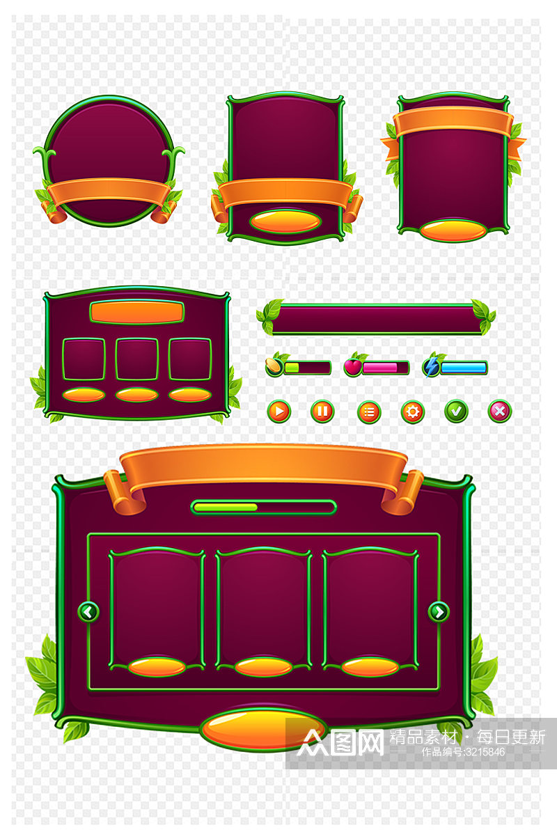 卡通游戏UI按钮弹窗免扣元素素材