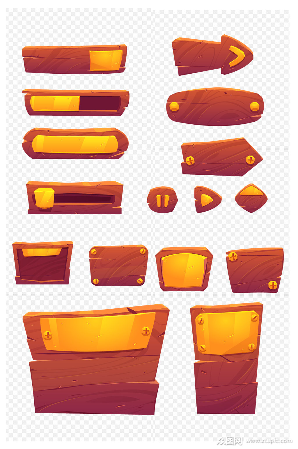 卡通游戏ui按钮木质按钮免扣元素素材