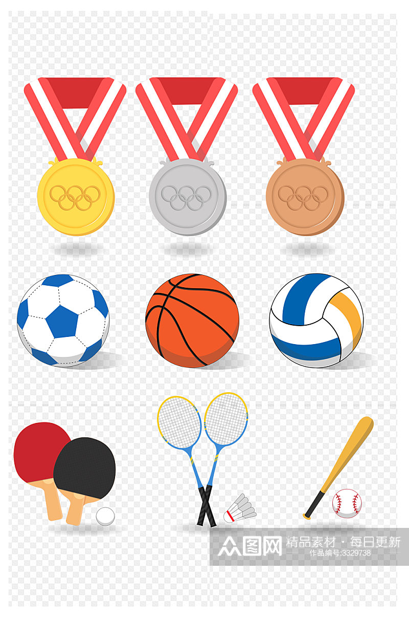 奖牌篮球足球排球乒乓球羽毛球棒球免扣元素素材