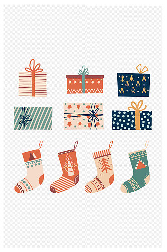 小清新风圣诞节袜子和礼物盒元素免扣元素