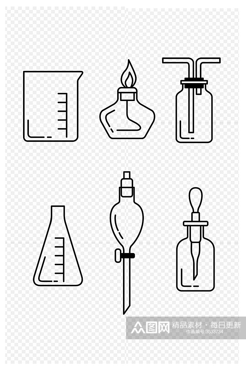 化学仪器烧杯酒精灯瓶漏斗简笔黑免扣元素素材