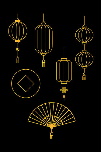 中国风灯笼扇子图案免扣元素