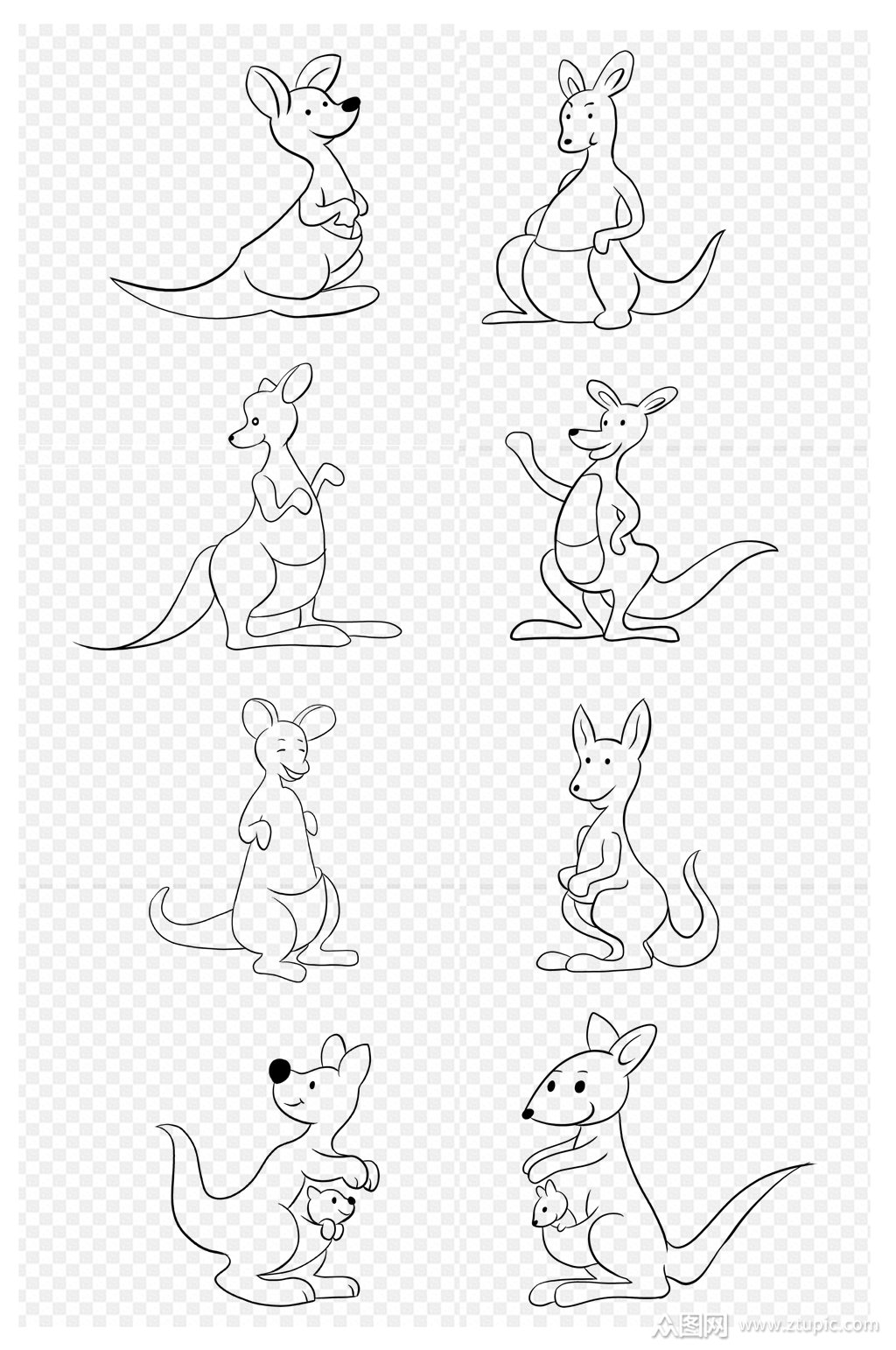 手绘卡通简笔画可爱袋鼠免扣元素素材