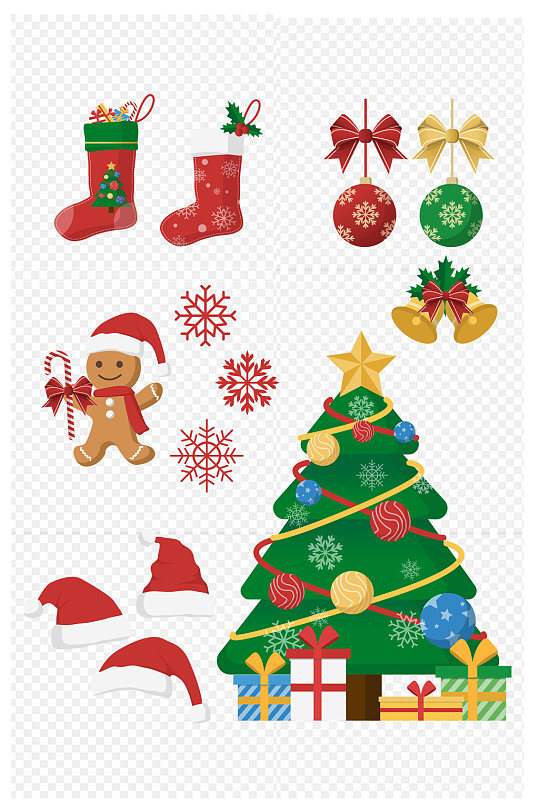 节日圣诞红色袜干雪花帽子树装饰免扣元素