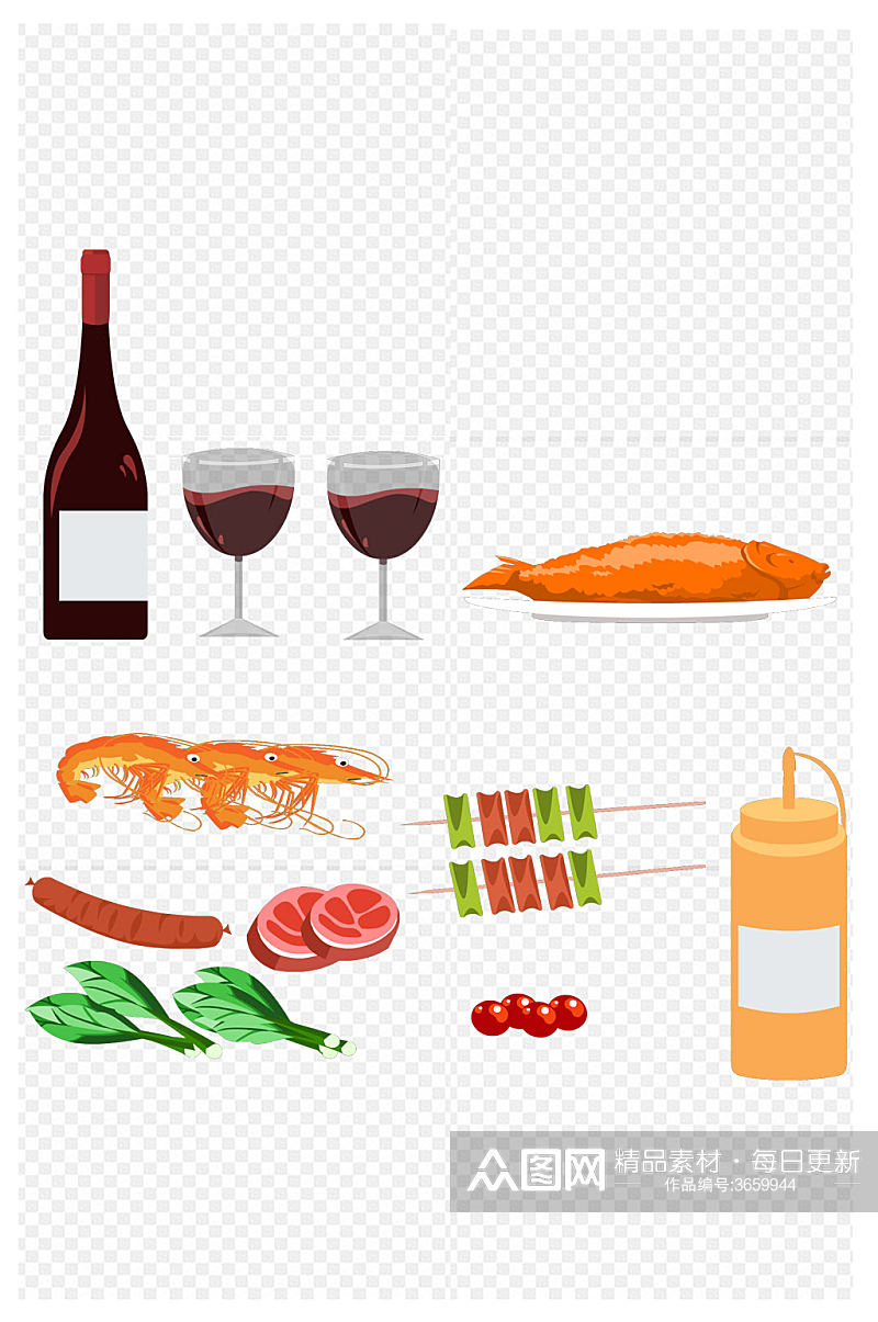 厨房食材红酒鱼蔬菜烤拉酱西红柿免扣元素素材