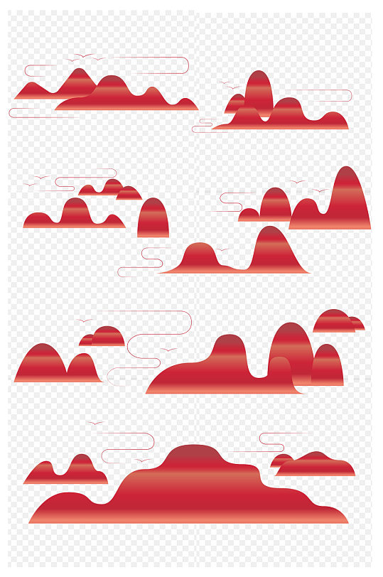 手绘古风古韵中式山纹飞鸟装饰免扣元素