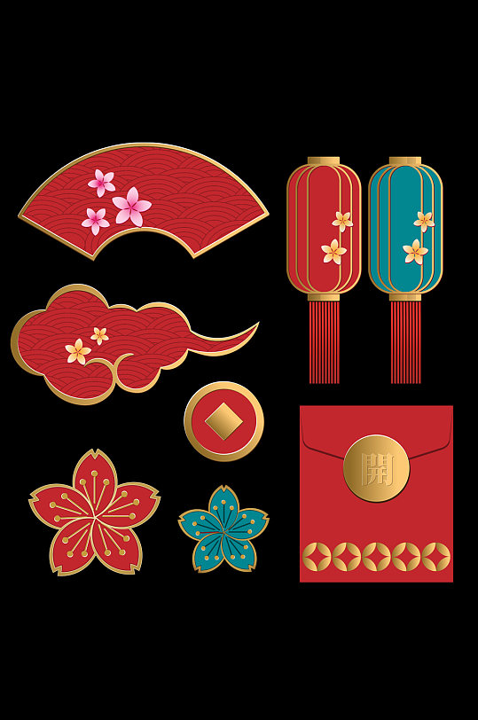 贴纸元素中秋节喜庆过年贺新春灯笼祥云春节元素 灯笼矢量图简约红色