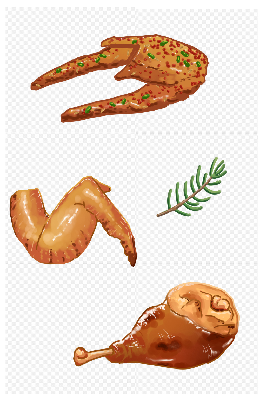 手绘插画宵夜烧烤鸡腿鸡翅鸡架免扣元素素材