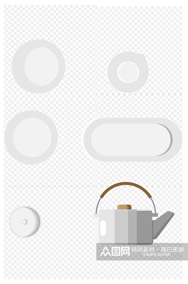 彩色茶壶盘子厨房用品扁平厨具免扣元素素材