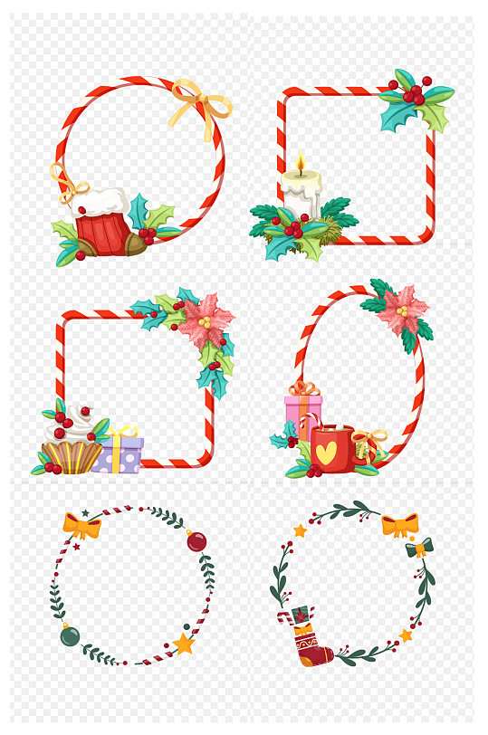圣诞装饰花圈礼物圣诞袜植物树叶环免扣元素