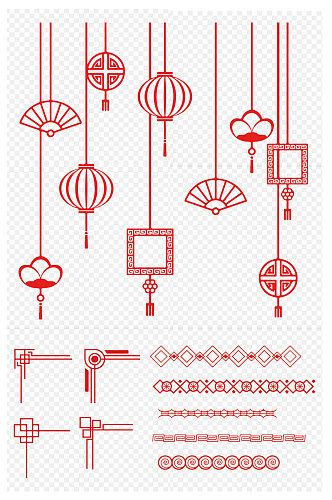 中国风中式国潮灯笼扇子边框图案免扣元素