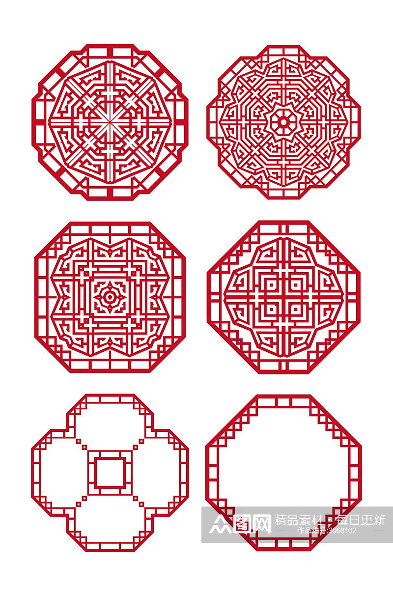 中国风红色复古窗花装饰图案边框免扣元素素材