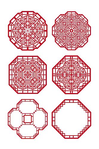 中国风红色复古窗花装饰图案边框免扣元素