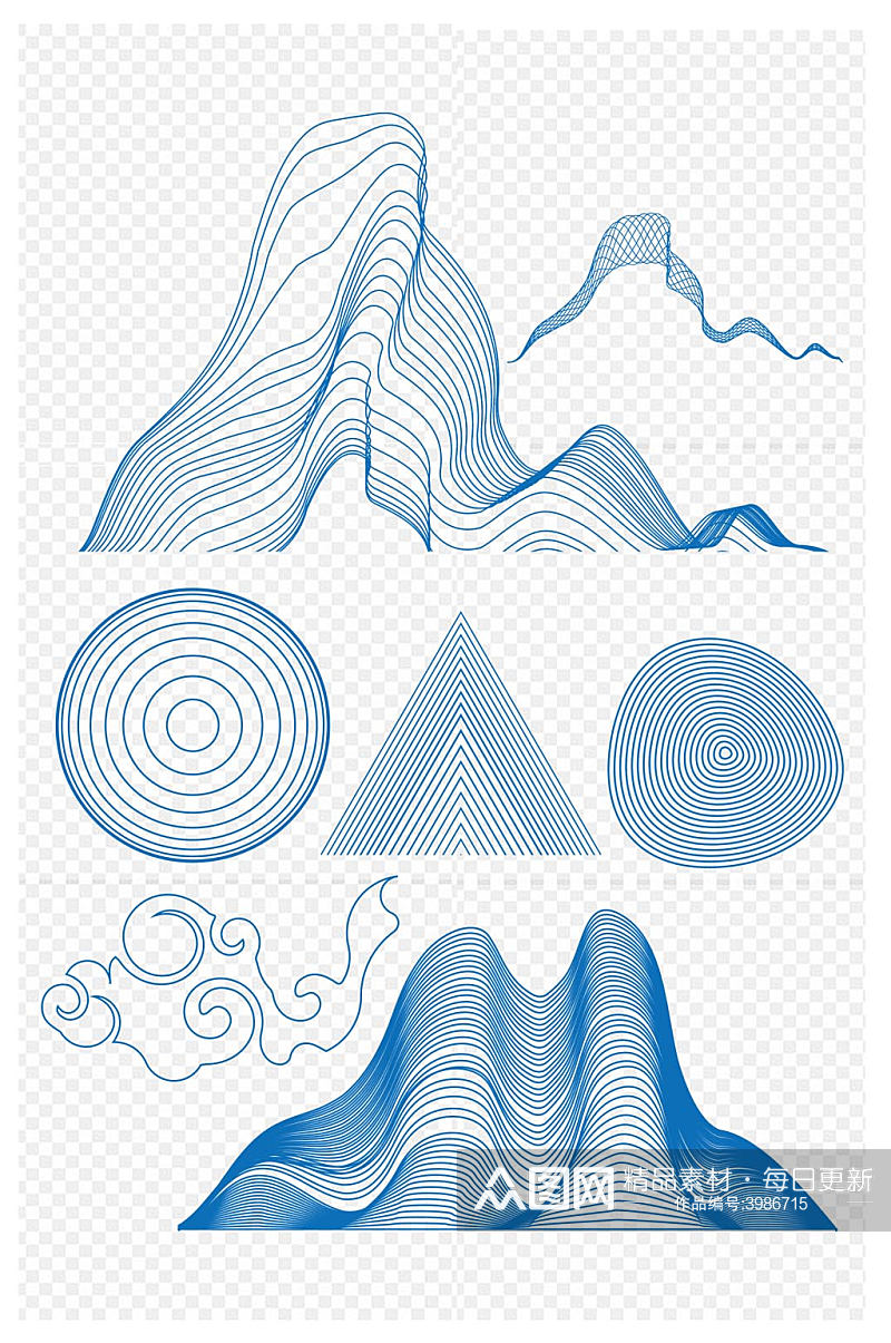 中国风手绘山峰祥云云纹线条装饰免扣元素素材
