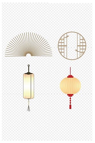 中国风装饰图案图形扇子灯笼图案免扣元素