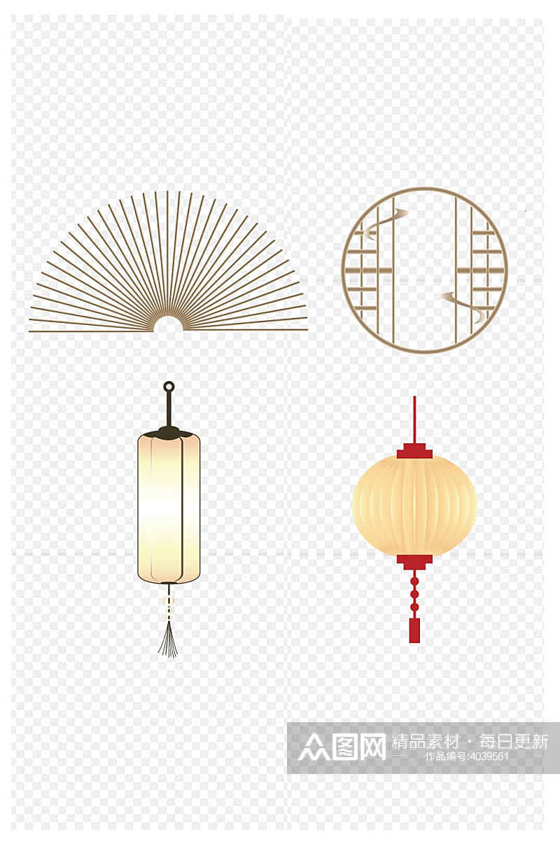 中国风装饰图案图形扇子灯笼图案免扣元素素材