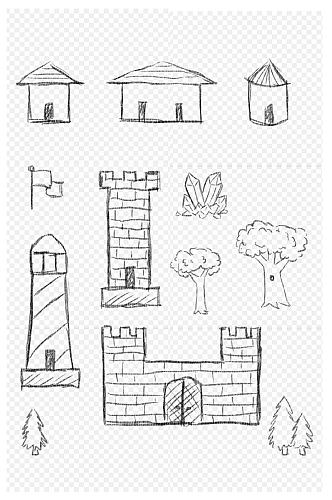 铅笔画素描画城堡房子大树涂鸦卡通免扣元素
