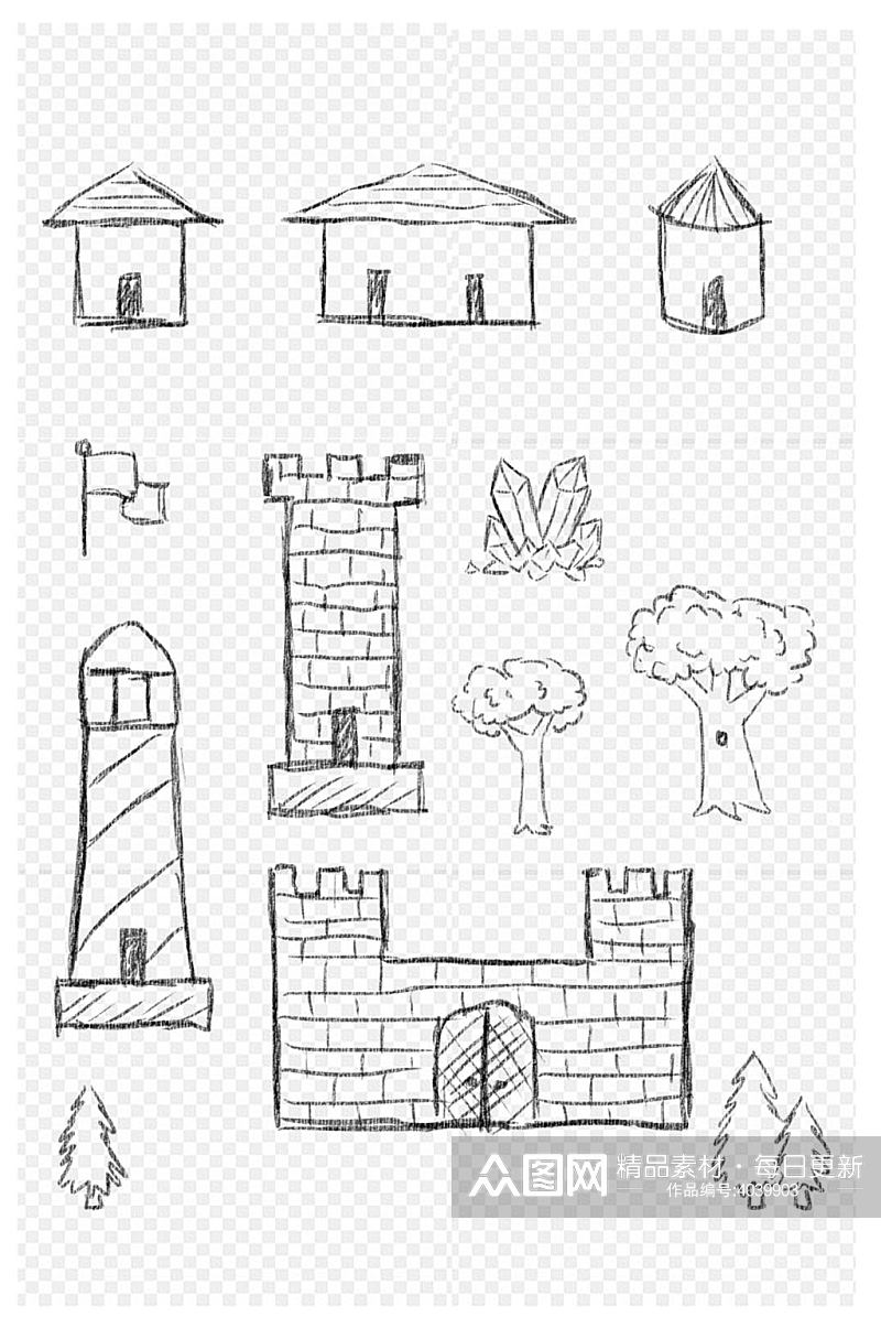 铅笔画素描画城堡房子大树涂鸦卡通免扣元素素材