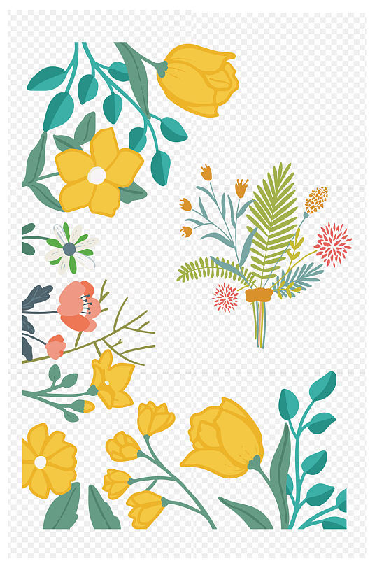 小清新插画手绘黄色花朵装饰图案免扣元素