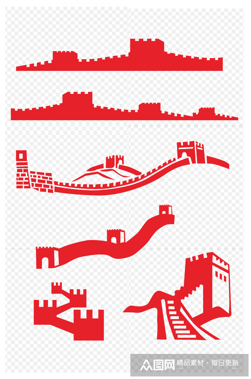 长城剪影烽火台城墙红色长城免扣元素模板下载-编号4097235-众图网