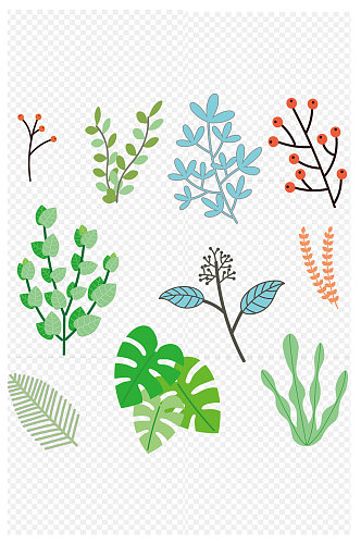 多种花草植物手绘卡通海报免扣元素
