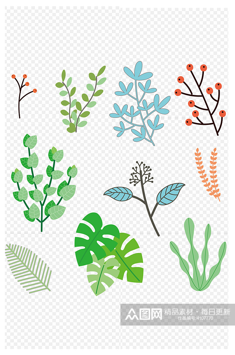 多种花草植物手绘卡通海报免扣元素素材