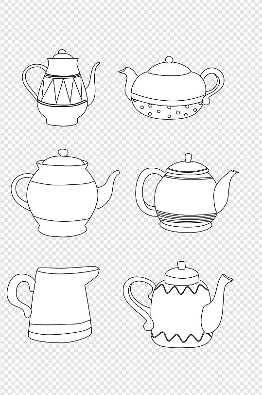 线描手绘茶杯欧式保温壶家用水壶免抠元素