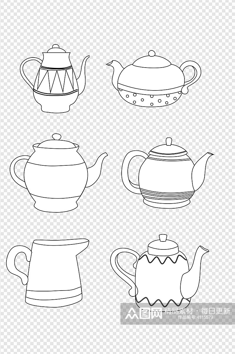 线描手绘茶杯欧式保温壶家用水壶免抠元素素材