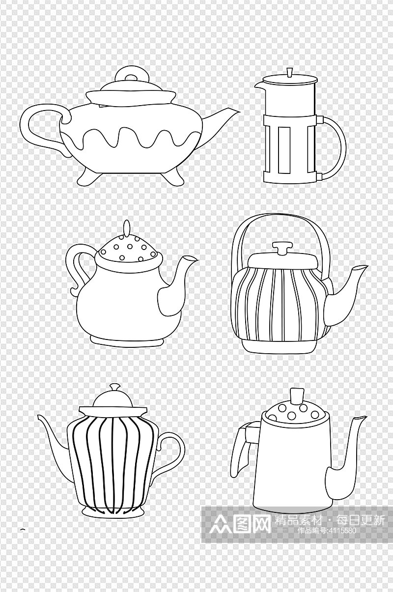 线描手绘茶杯欧式保温壶家用水壶免抠元素素材