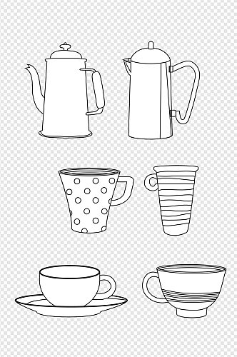 线描手绘茶杯保温壶家用水壶免抠元素