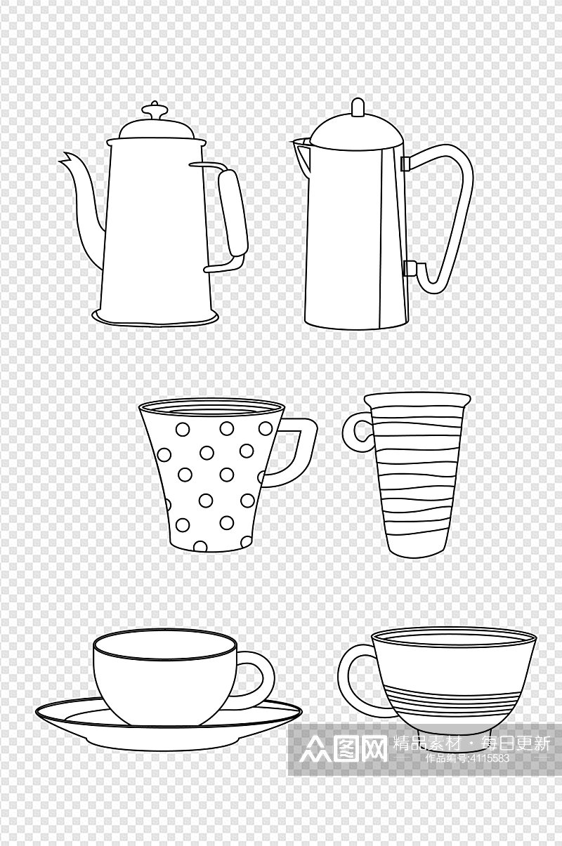 线描手绘茶杯保温壶家用水壶免抠元素素材