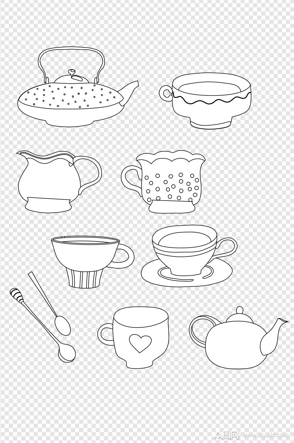 线描手绘茶杯欧式保温壶家用水壶免抠元素素材