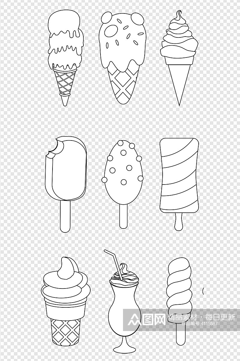 线描夏日饮品卡通冰淇淋食品手绘免抠元素素材