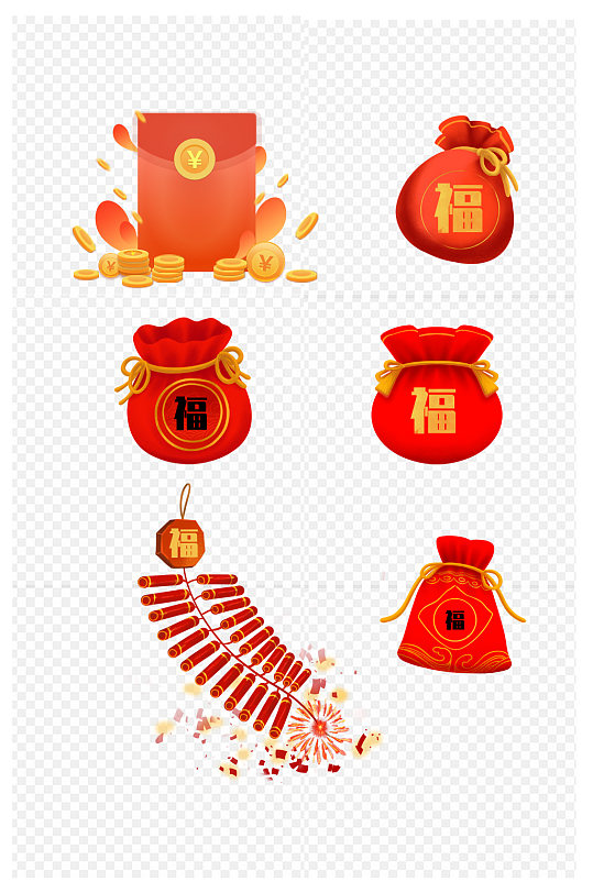 虎年红包福袋鞭炮新年喜庆春节免抠元素