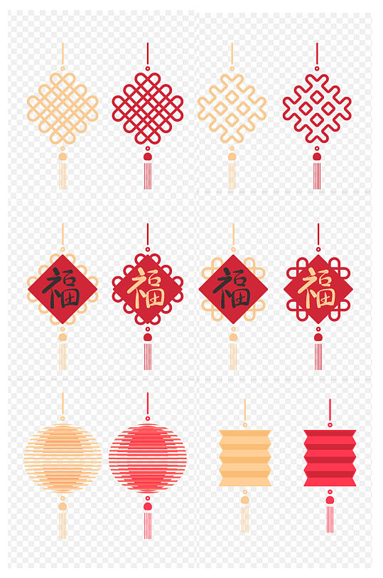 新年春节金红色中国结挂饰灯笼图标免扣元素