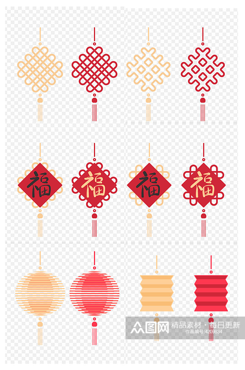 新年春节金红色中国结挂饰灯笼图标免扣元素素材