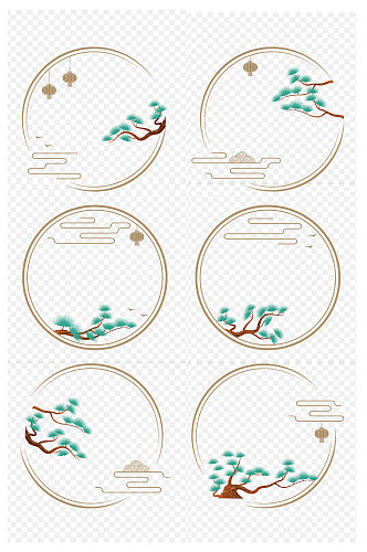 中国风复古纹松树灯笼中式内容框免扣元素